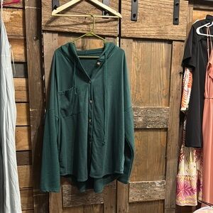 Green Hooded Button-Up Shirt
